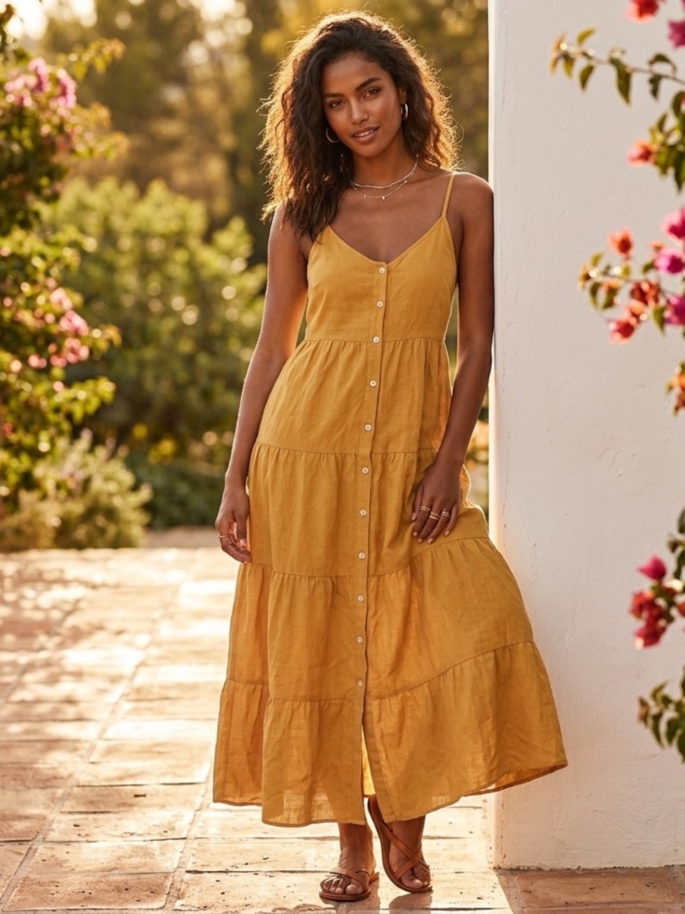 Spaghetti-Strap Tiered Midi Dress in Mustard